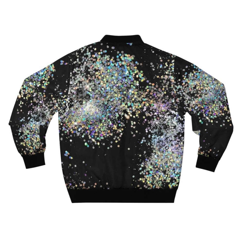 Model wearing a black and silver ombre bomber jacket with chunky sequins and glitter - Back